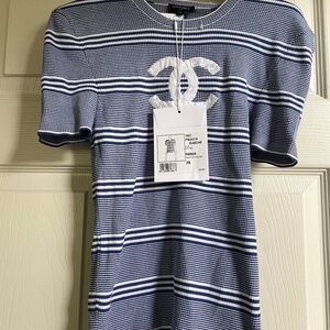 CHANEL 19C LA PAUSA NEW TAG BLUE ECRU Striped CC LOGO TOP SHORT SLEEVES FR38-40